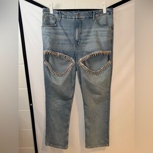 Good American Light Blue Straight Leg Jeans with Silver Accents